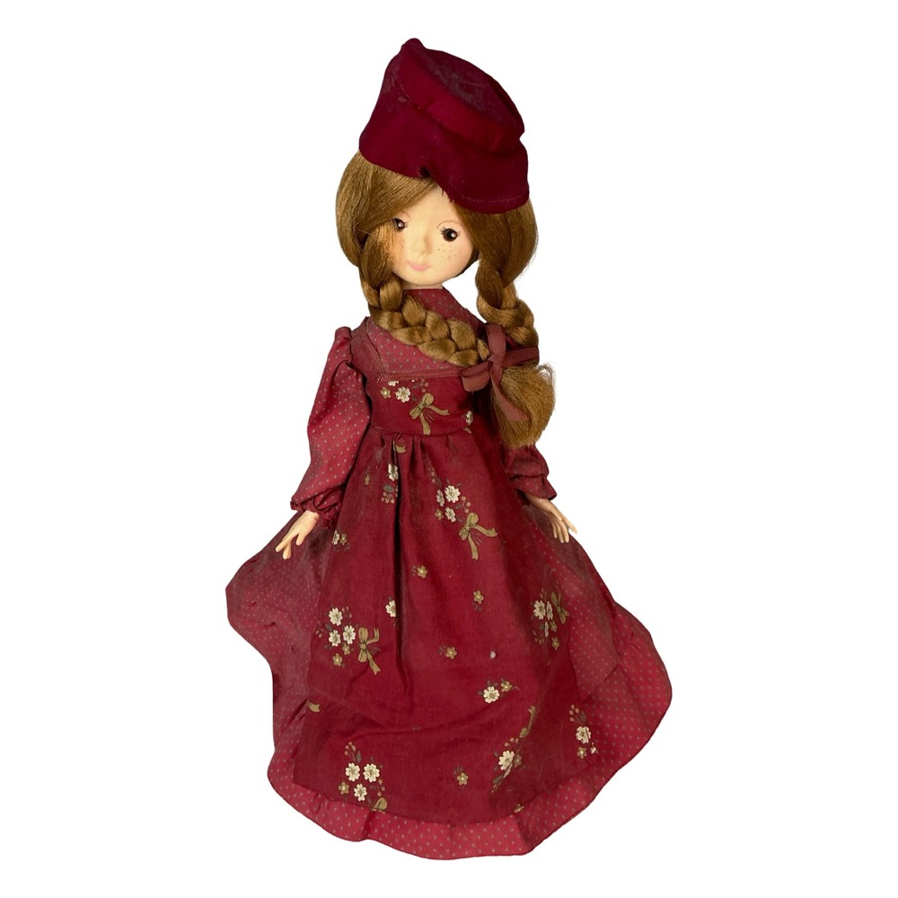 Vintage Musical Rotating Doll Red Floral Dress Braids Hat 15in Victorian Style